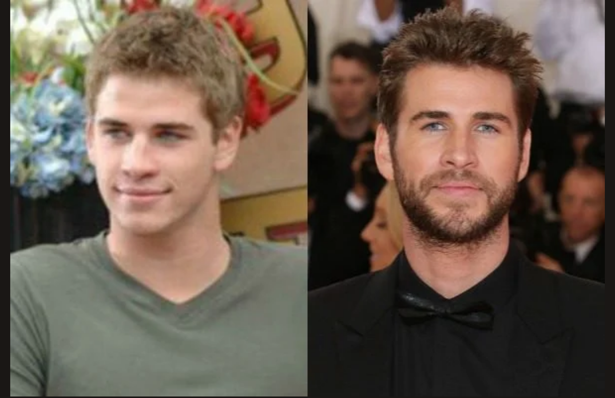 Liam Hemsworth before in a show called "Home and Away" and his current life now