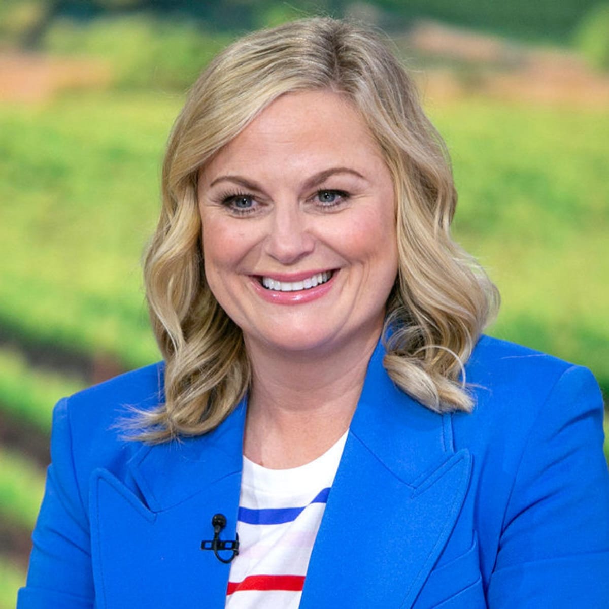Amy Poehler in a blue blazer during an interview