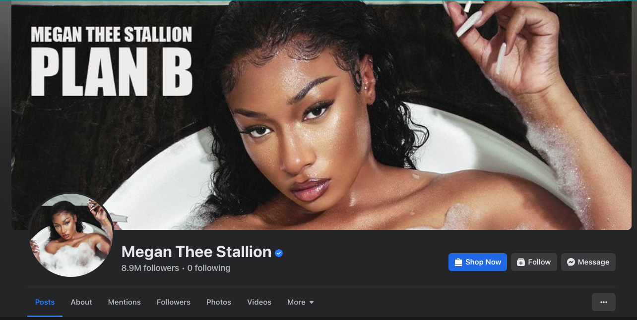 Screesnhot of megan thee stallion Facebook page with megan on a soapy bathtub