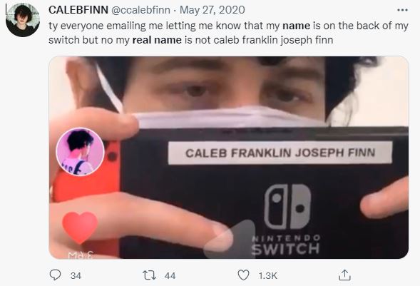 Caleb Finn playing in his Nintendo Switch with his real full name 'Caleb Franklin Joseph Finn'