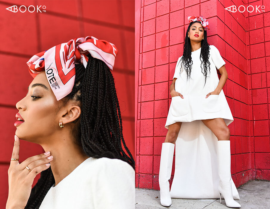 Samantha Logan wearing a white dress, boots, and scarf as a ponytail in A Book Of magazine for the 2020 US election voting campaign