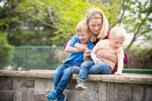 Erin Morrow Hawley with her kids Elijah Hawley and Blaise Hawley 