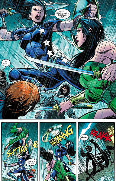 Donna Troy as Wonder Girl confronts a female villain in the comic book version