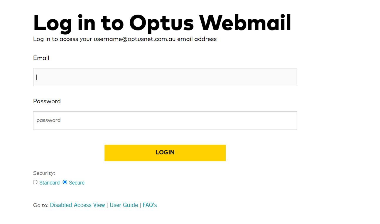 Screenshot of the Log in page in Optus Webmail website