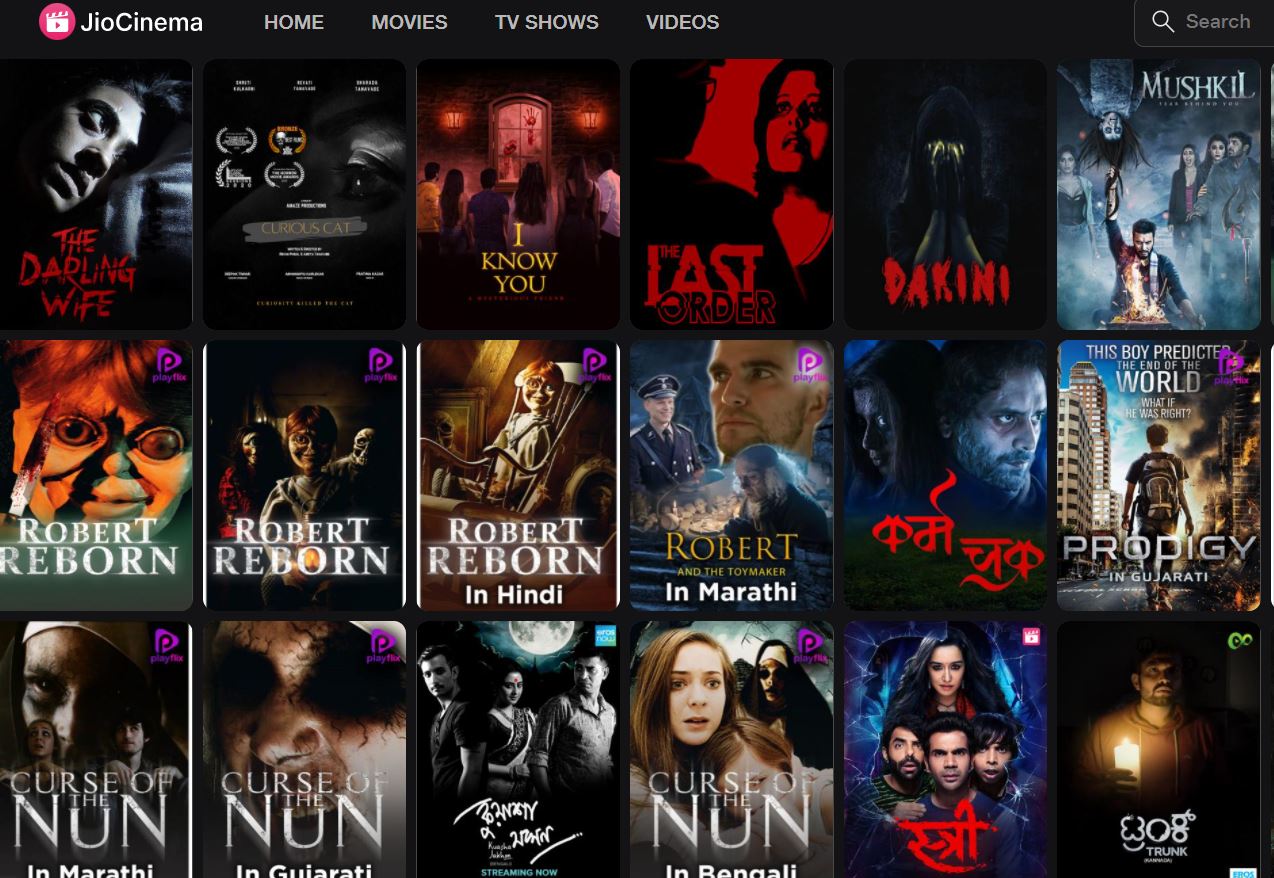 Jio rockers website showing the Horror movie collection