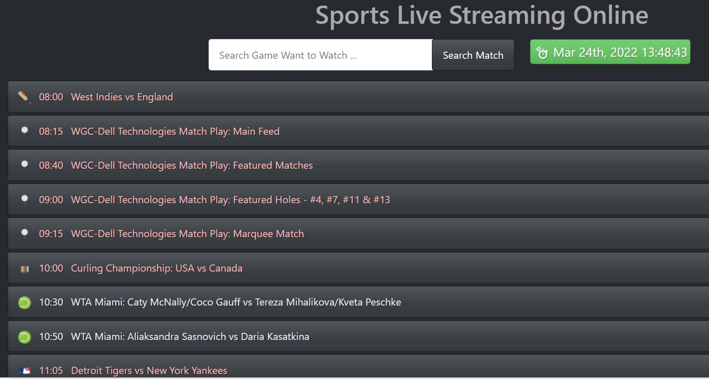 Vip box cricket Sports Live Streaming Online webpage showing the available sports live stream
