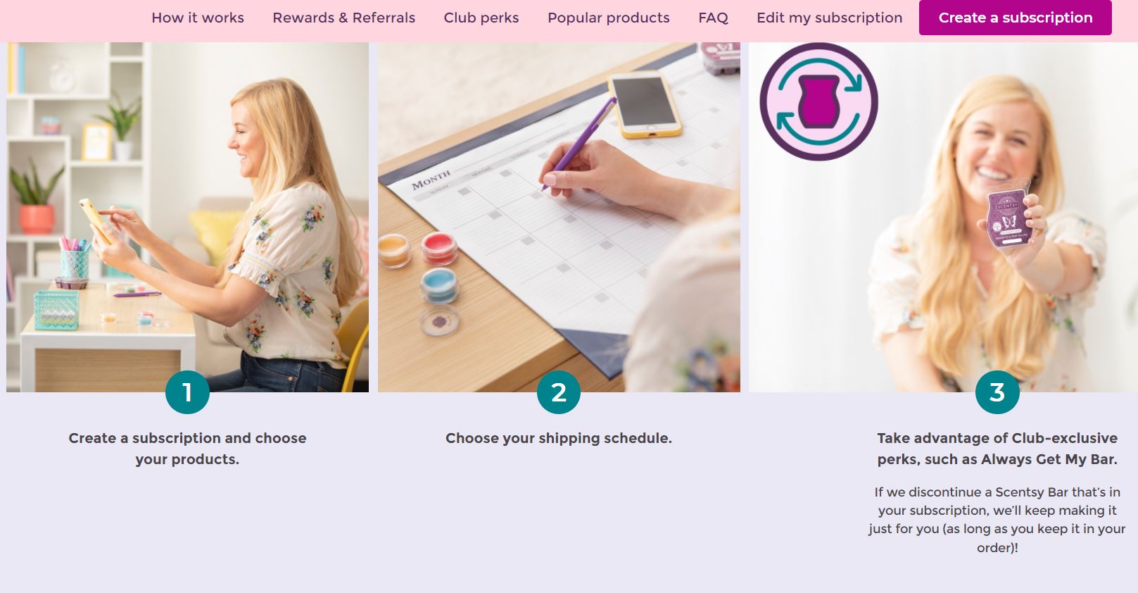 Scentsy club website shows a girl scheduling her appointments in three-step instruction