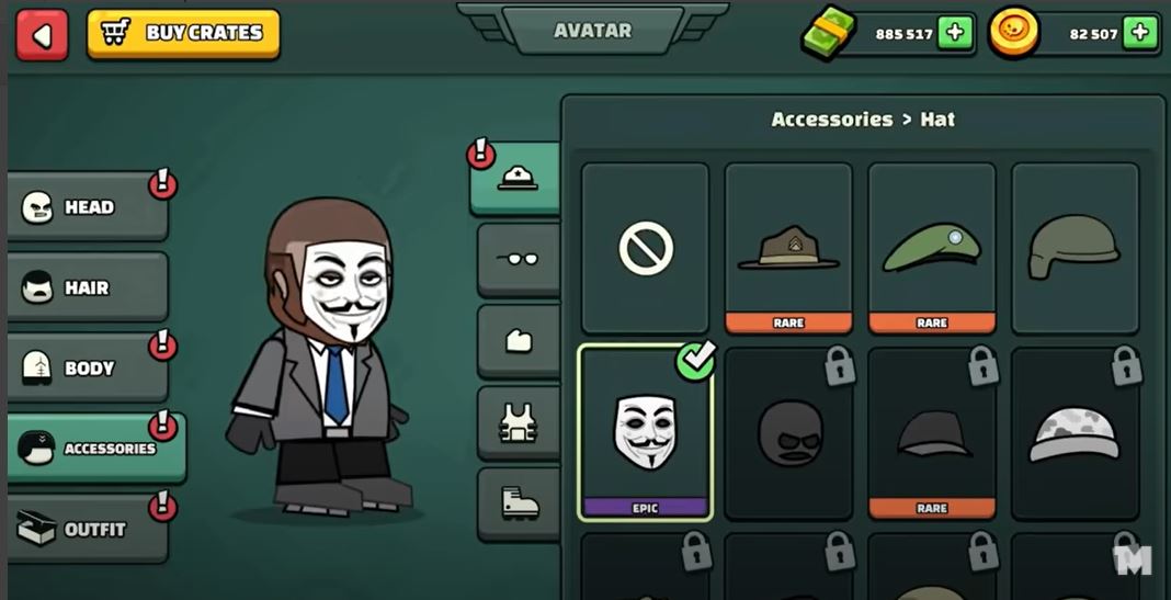 Screenshot of the mini militia game with different mask and hat and other category