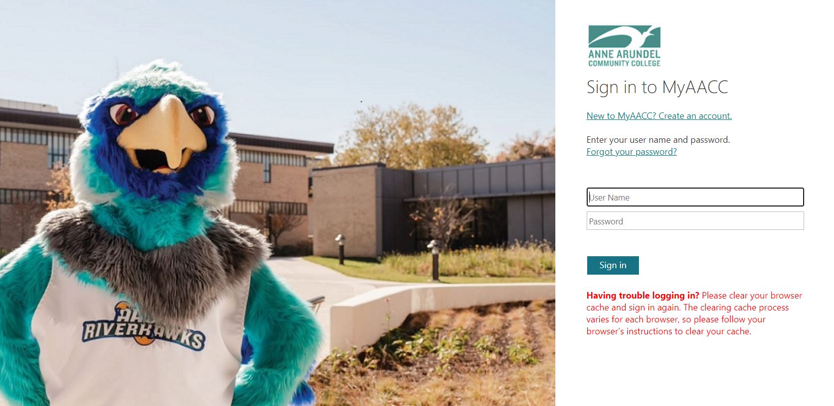 Myaacc Portal  showing the login page with the Riverhawks mascot