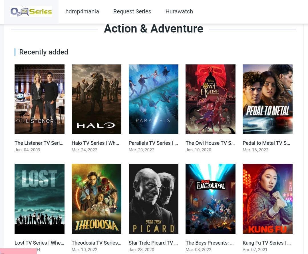 O2tvseries website shows Action & Adventure movie collection
