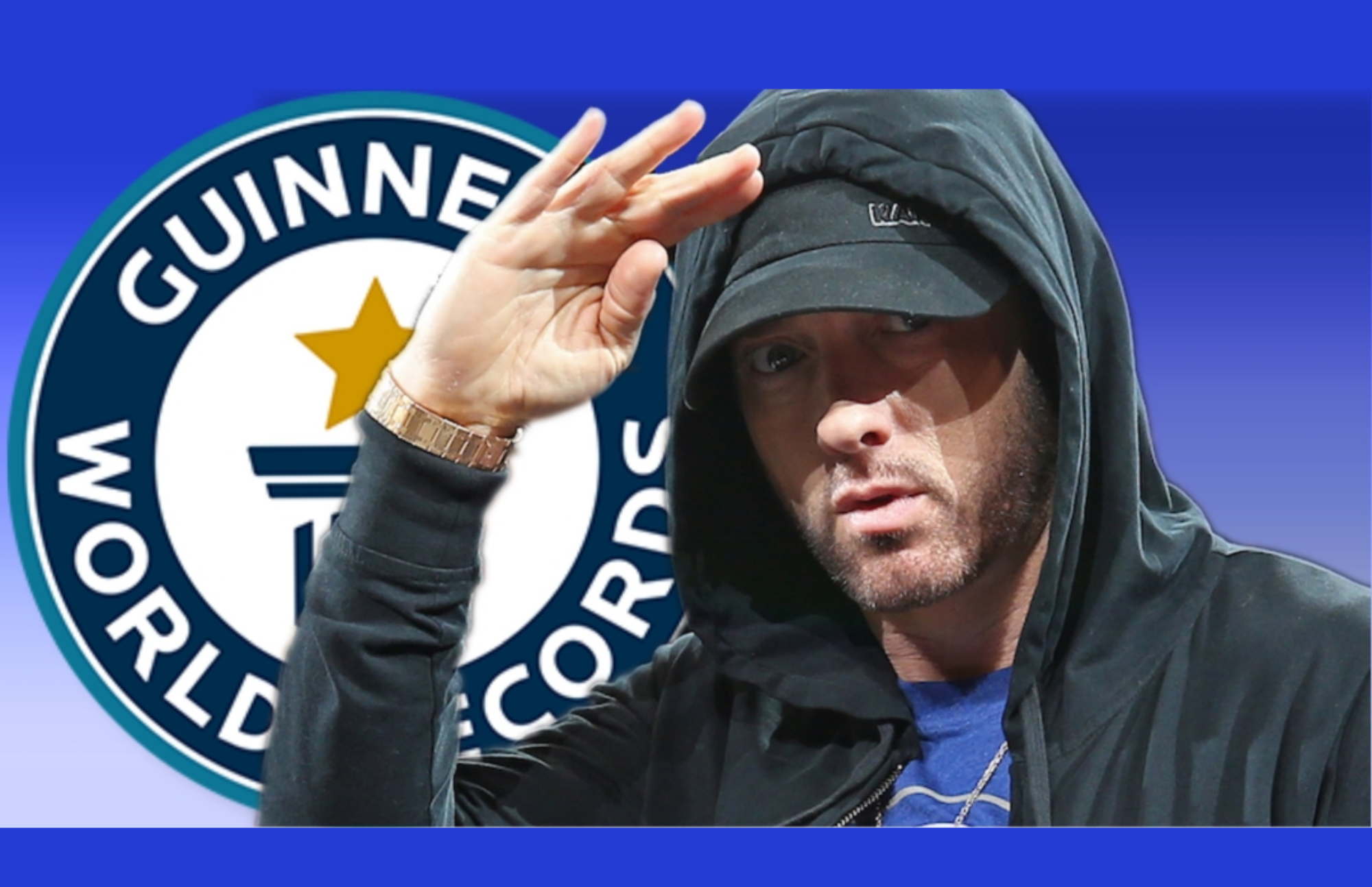 Eminem saluting over a background of Guinness World Records