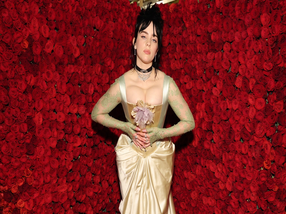 Billie Eilish wearing a green lace sleeves with a puplr flower on top of the corset dress while placing her hands on her belly
