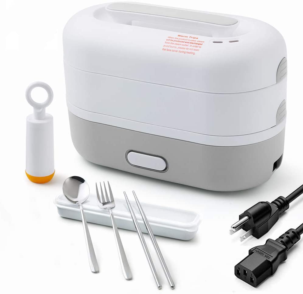 White and grey JMCQOO Electric Lunchbox with spoon, fork, and chopsticks