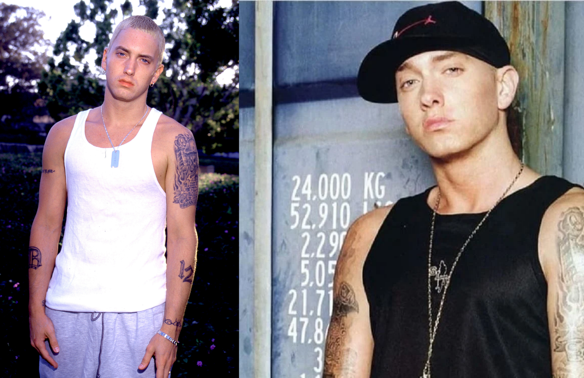 On the left, a younger Eminem is wearing a white sleeveless shirt. On the right, he is wearing a black one