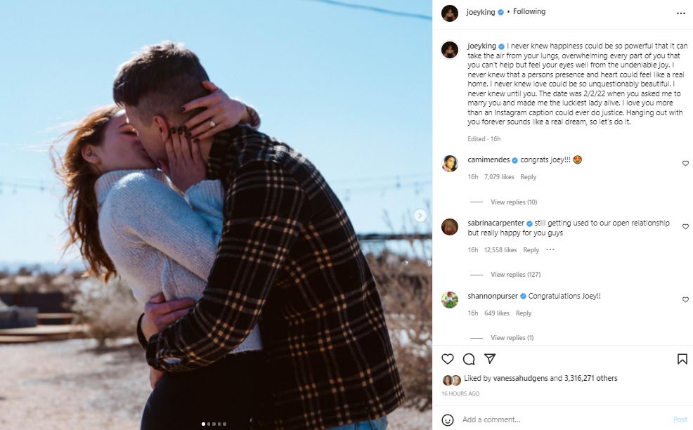 Announcement post of The Kissing Booth' star Joey King gets engaged to Steven Piet