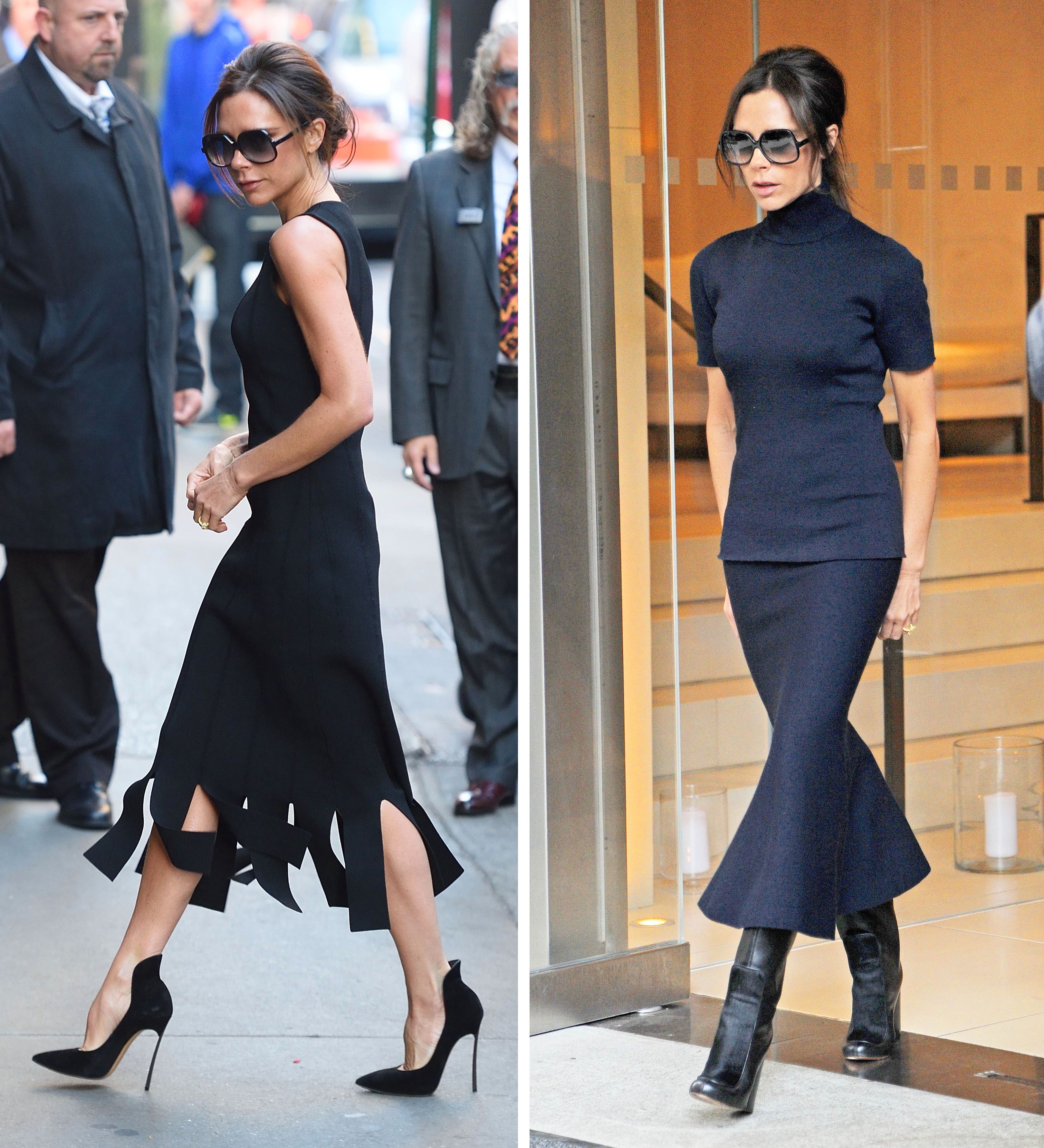 Victoria Beckham wearing a black dress and heels; Victoria Beckham wearing a black dress and boots