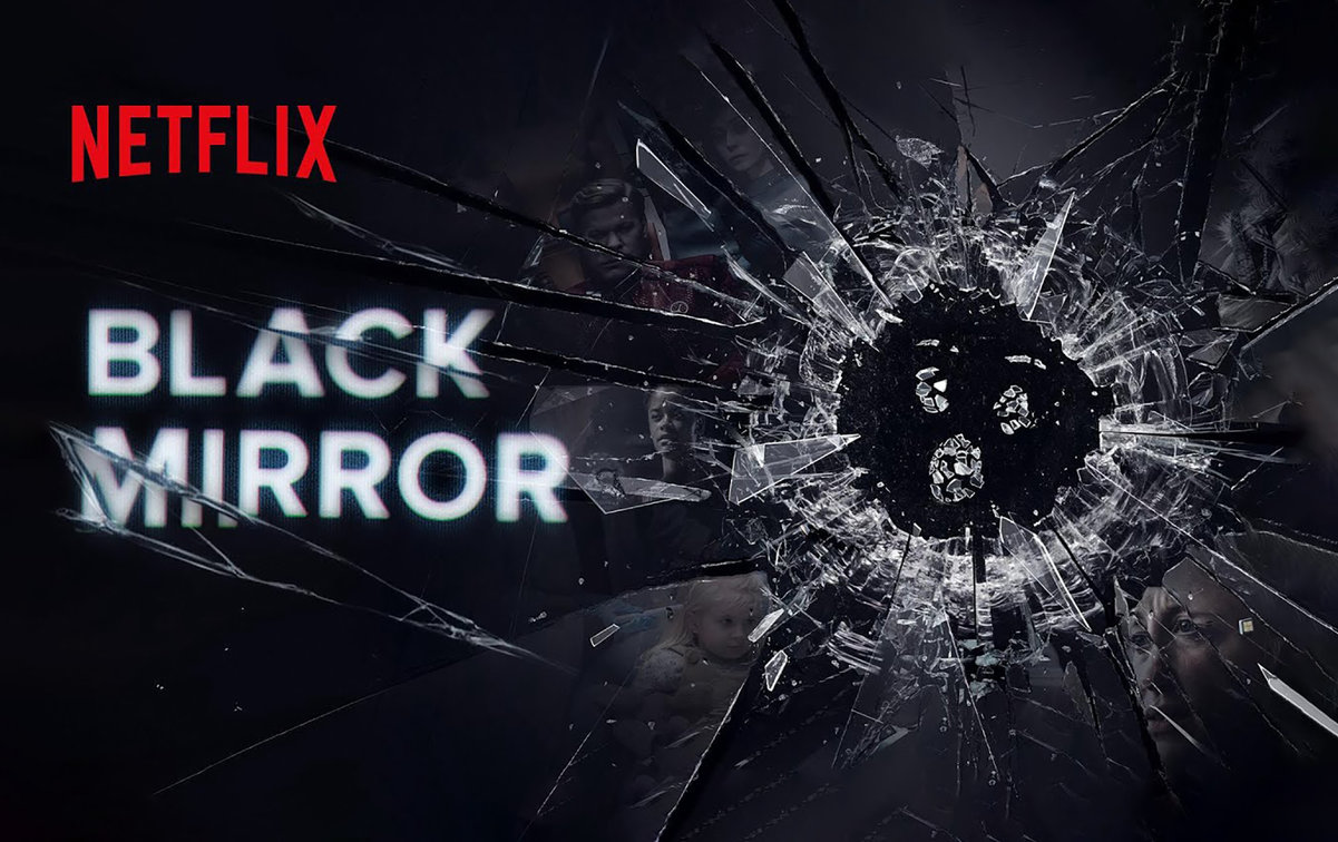 Black Mirror and Netflix Logo with shattered glass forming shocked face
