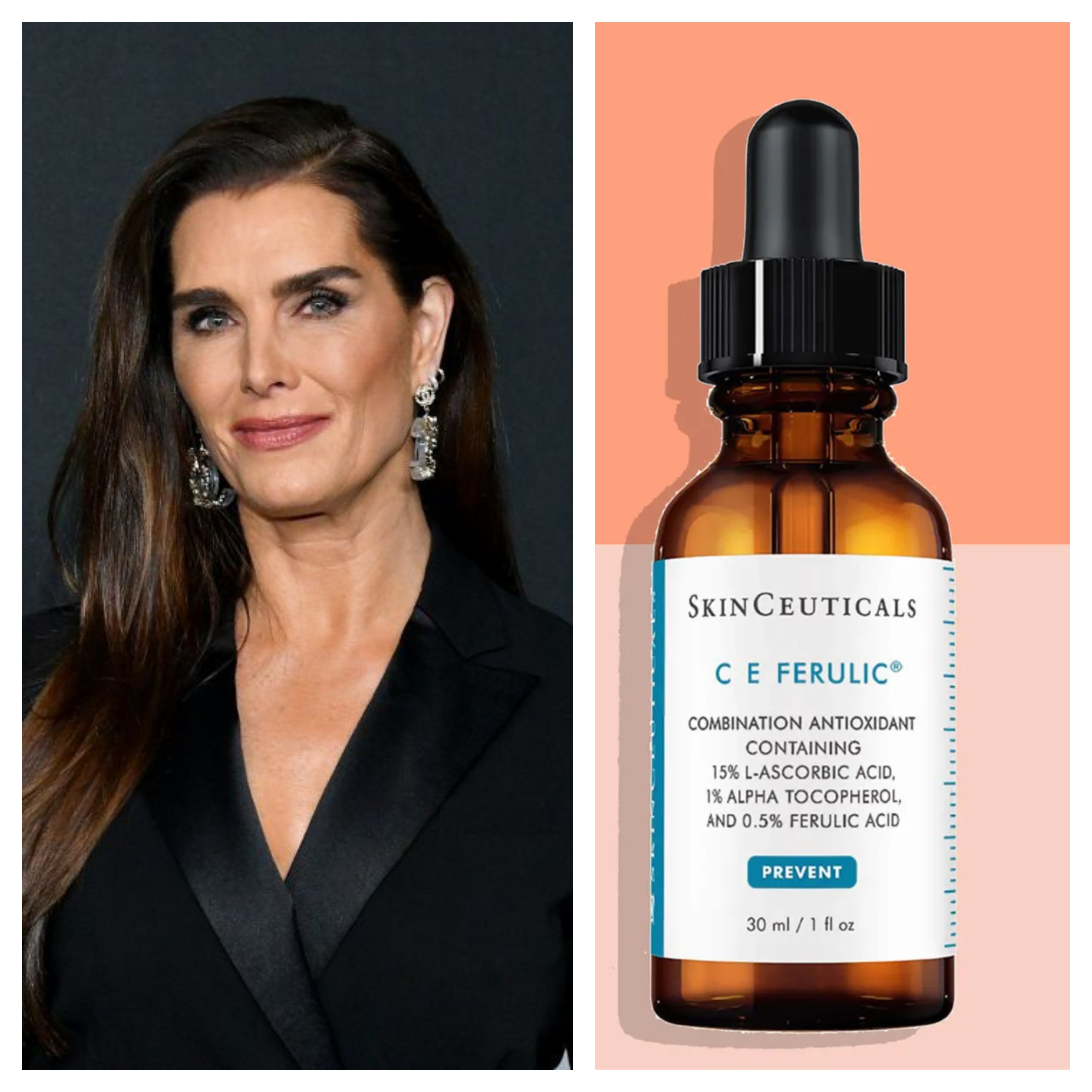 Collage of Brooke Shields and SkinCeuticals C E Ferulic