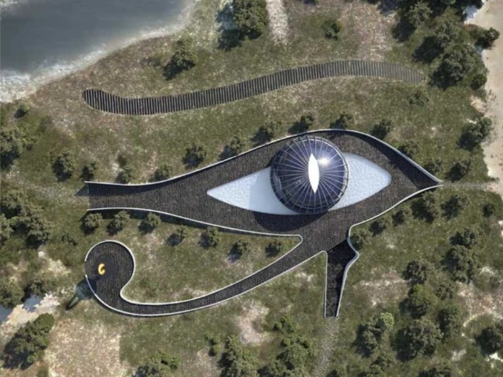 Aerial view of Horus-Eye Eco House on an island