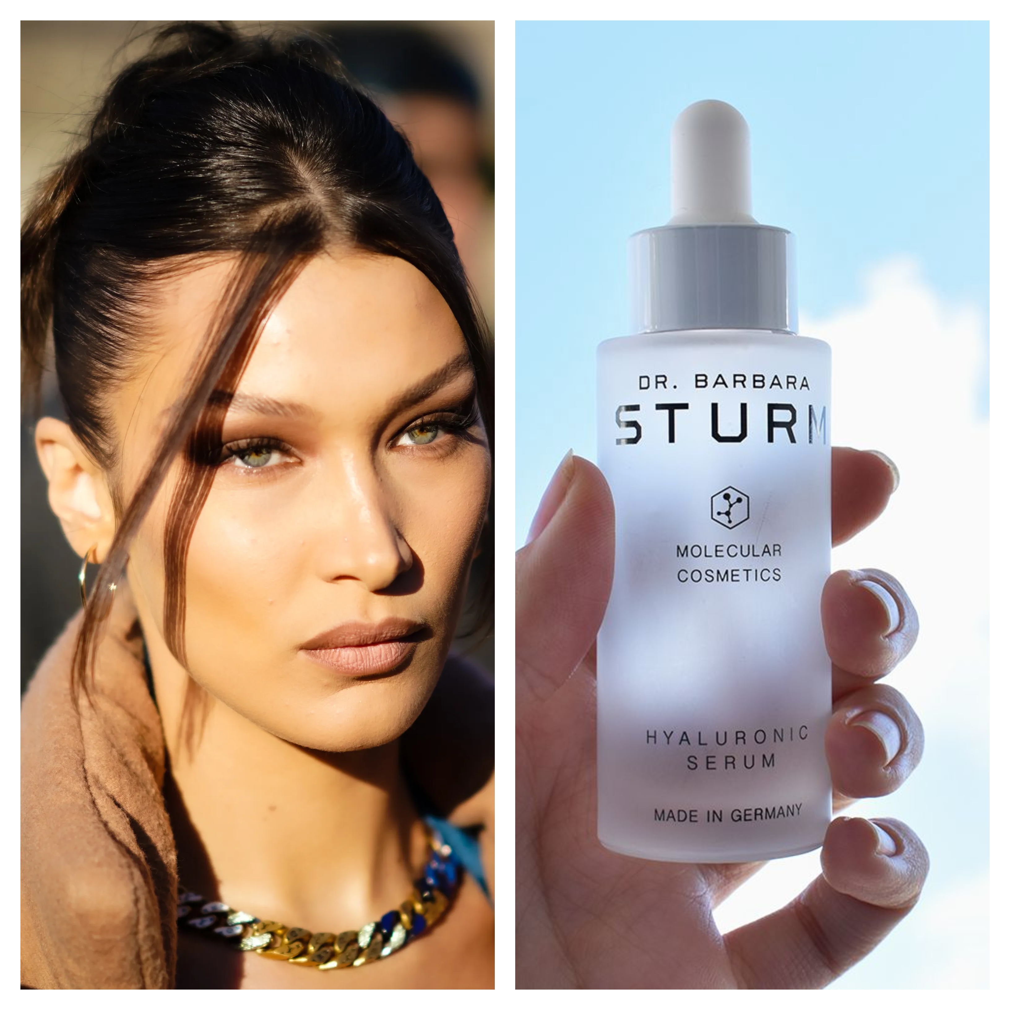 Collage of Bella Hadid and Dr. Barbara Sturm's Hyaluronic Serum