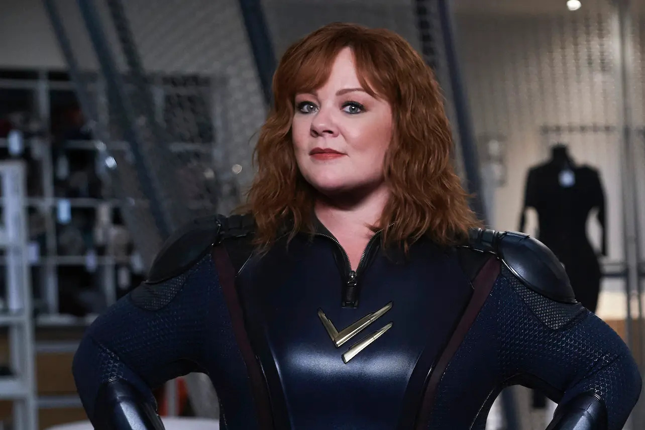 Melissa McCarthy wearing black tight suit from her movie Thunder Force