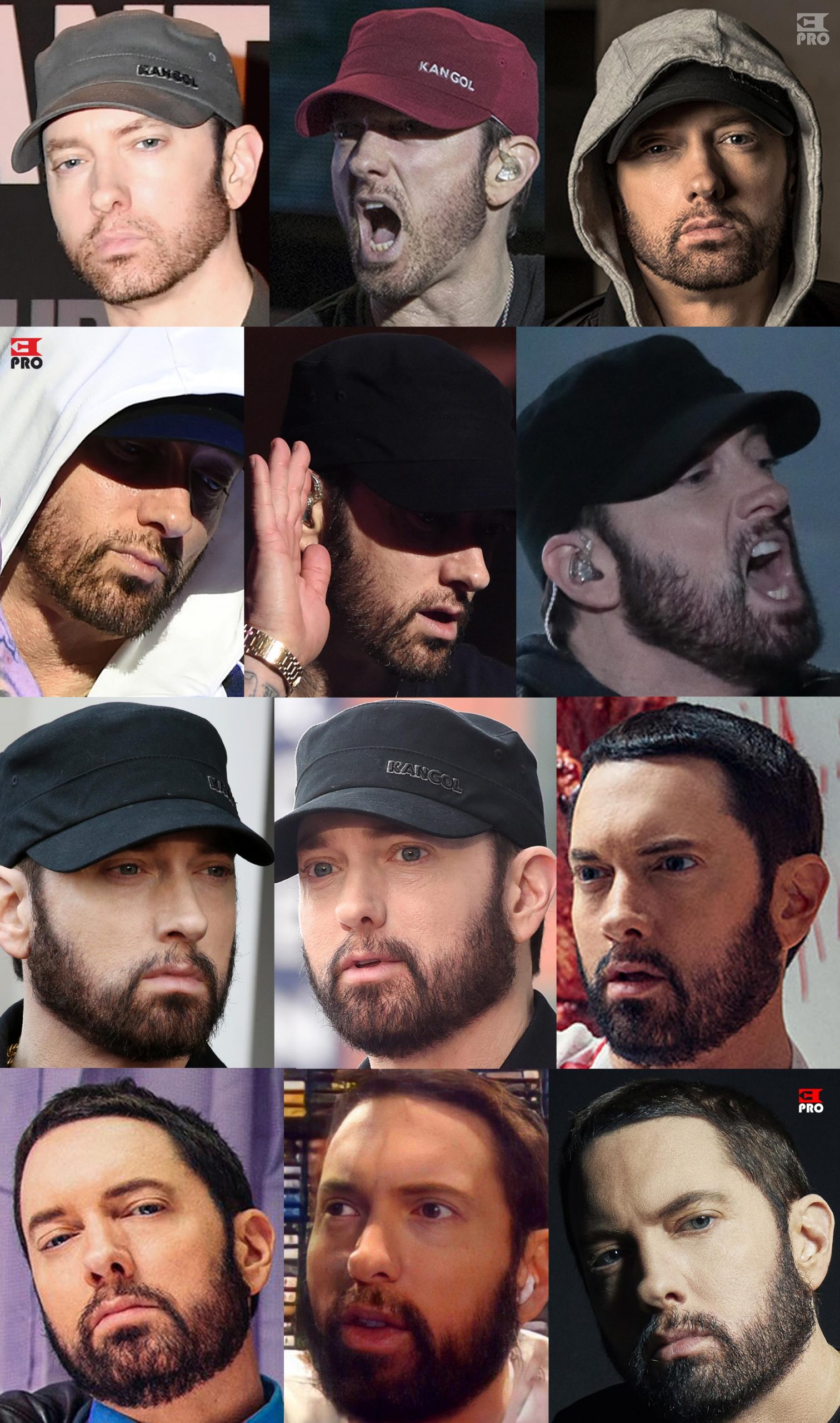 A collage of Eminem's beard evolution