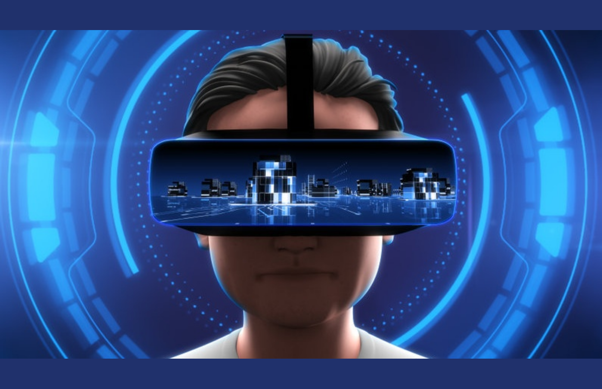 A young man wearing VR glasses reflects on a virtual building