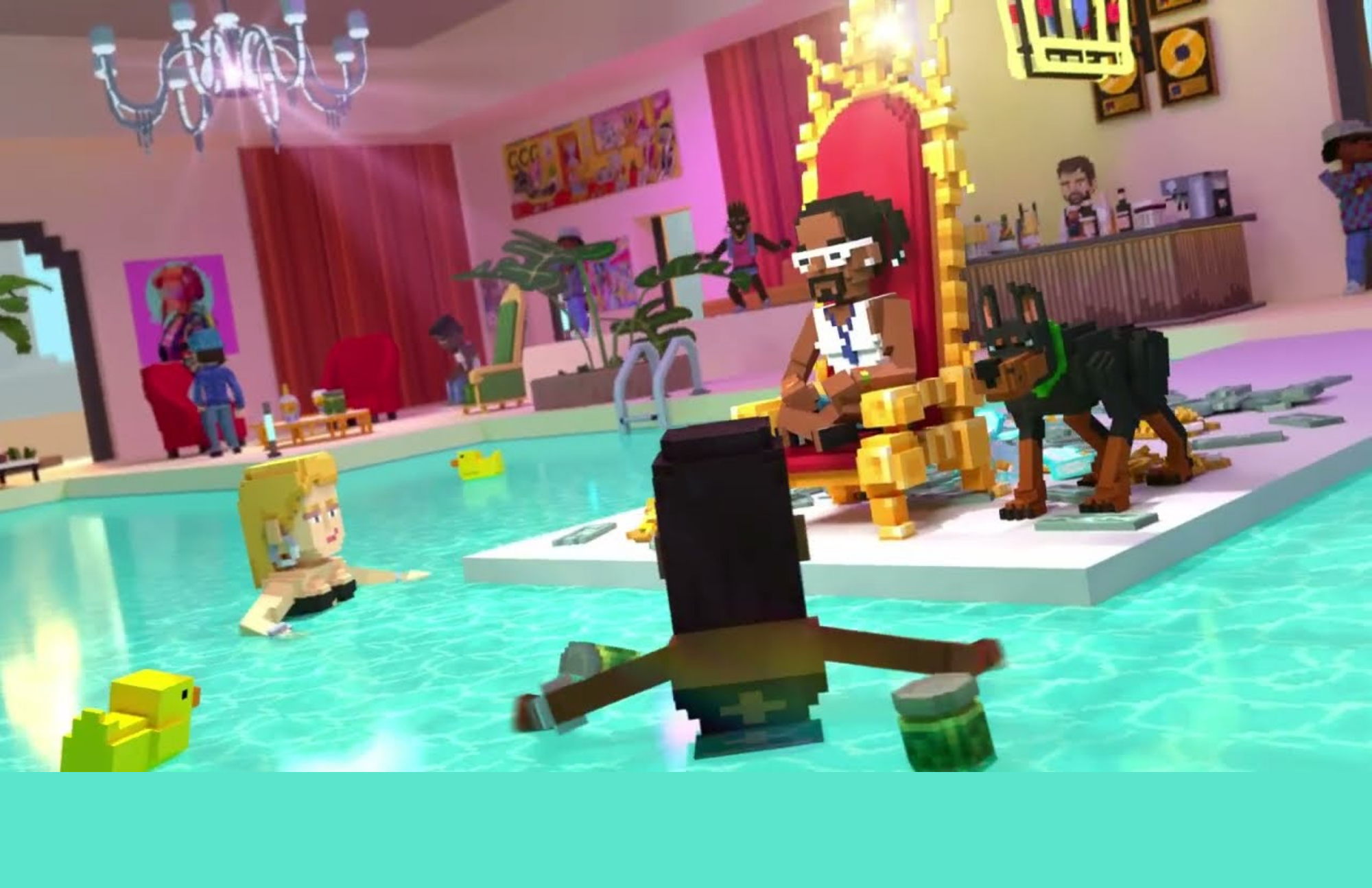 In Sandbox, Snoop Dogg's avatar sits on a royalty chair in the center of the pool with other players