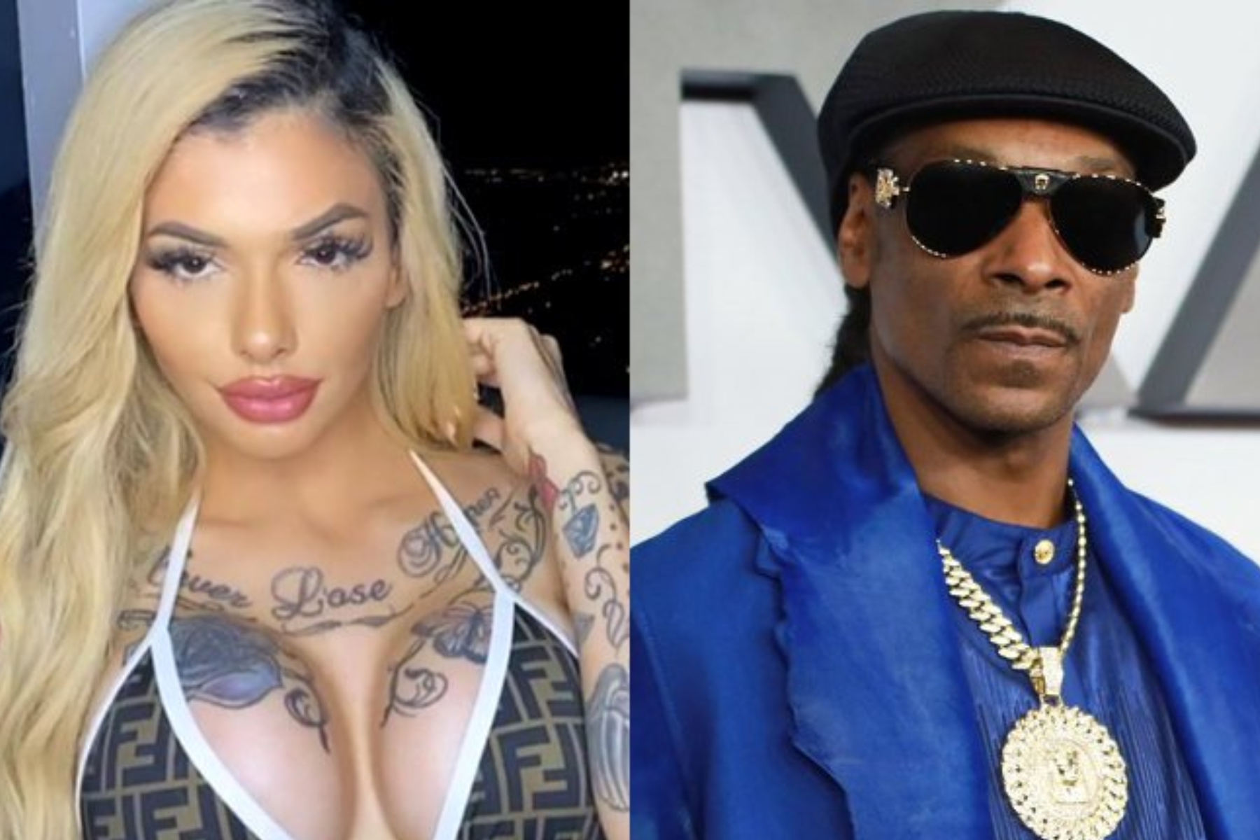 A revealing photo of Celina on the left side and Snoop Dogg wearing blue tops and a huge chain