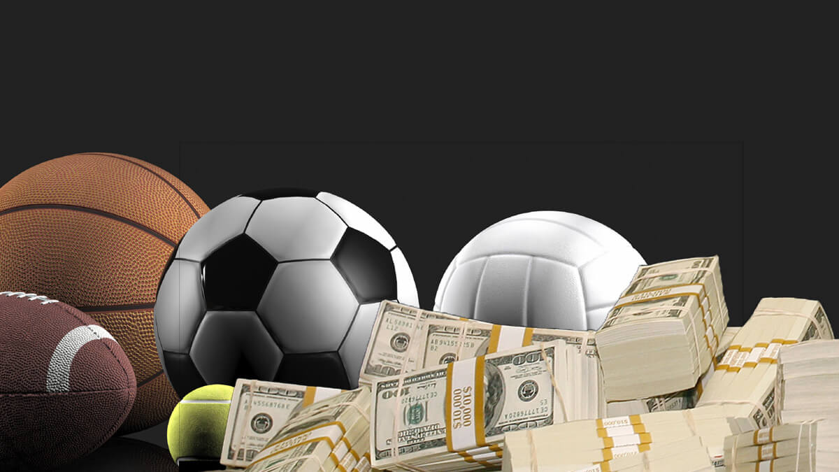Football, basketball, volleyball, tennis ball, and rugby ball with tons of money