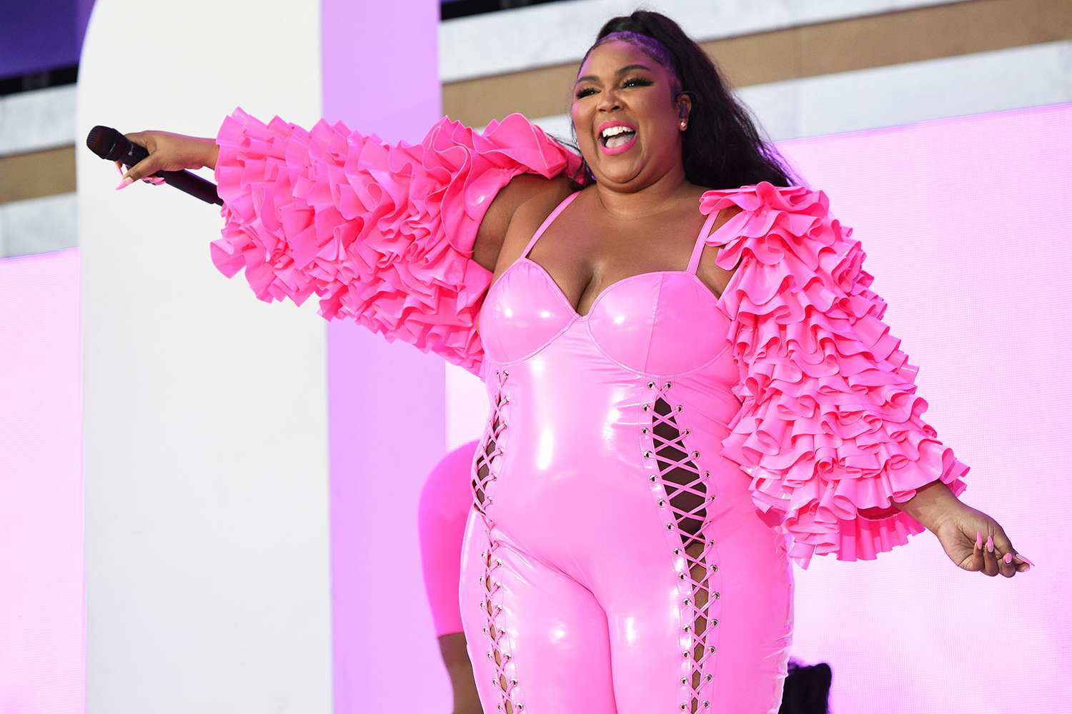 Lizzo in her pink outfit