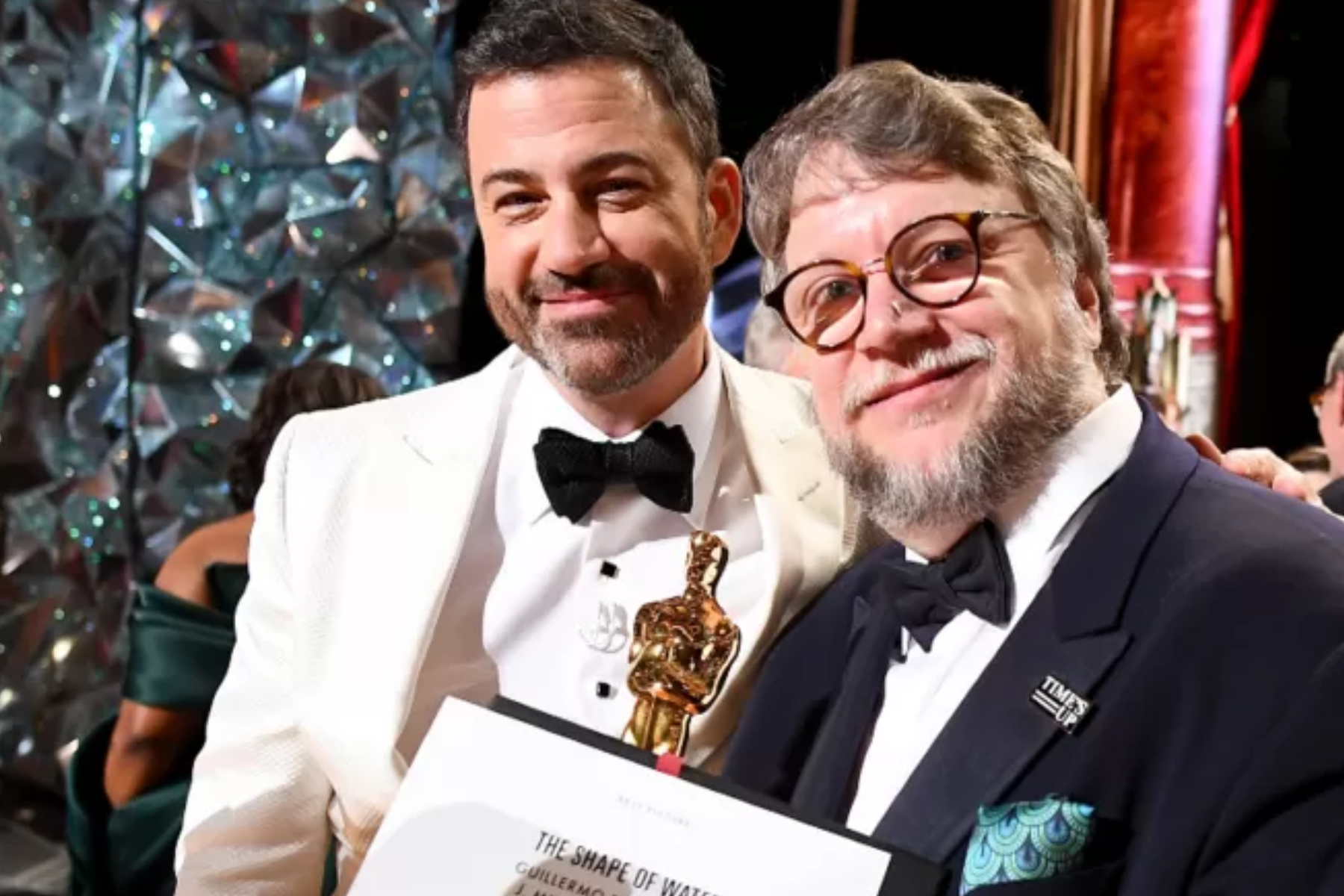 Jimmy Kimmel (left) last hosted the Oscars in 2018, when Guillermo del Toro's The Shape of Water won best picture
