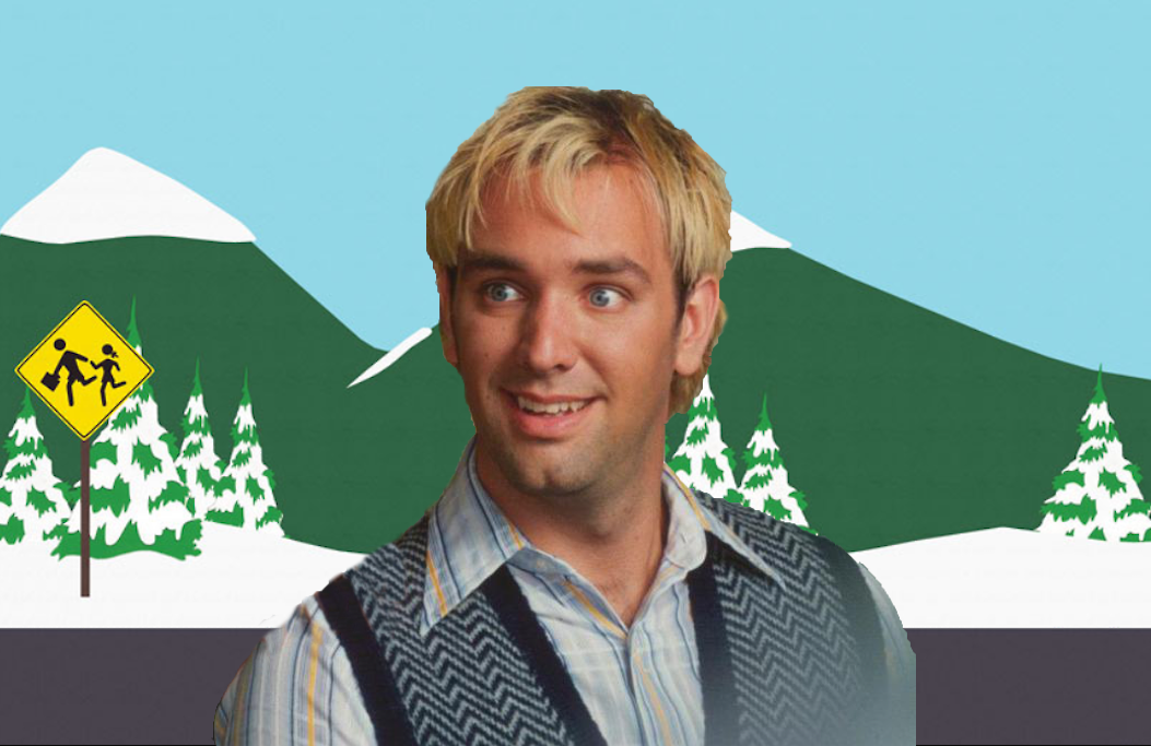 Trey Parker wearing blue polo and blue and black vest