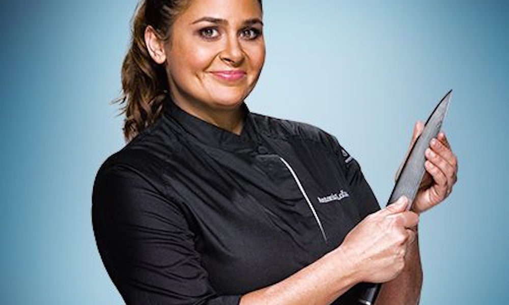 Antonia Lofaso with a knife in her hand