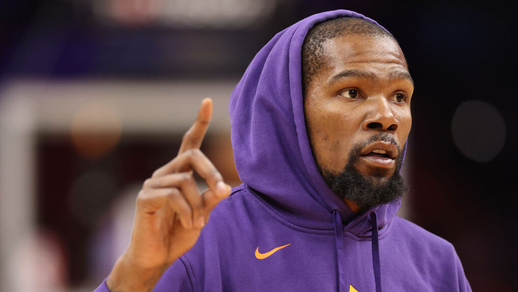 Kevin Durant wearing a purple hoodie
