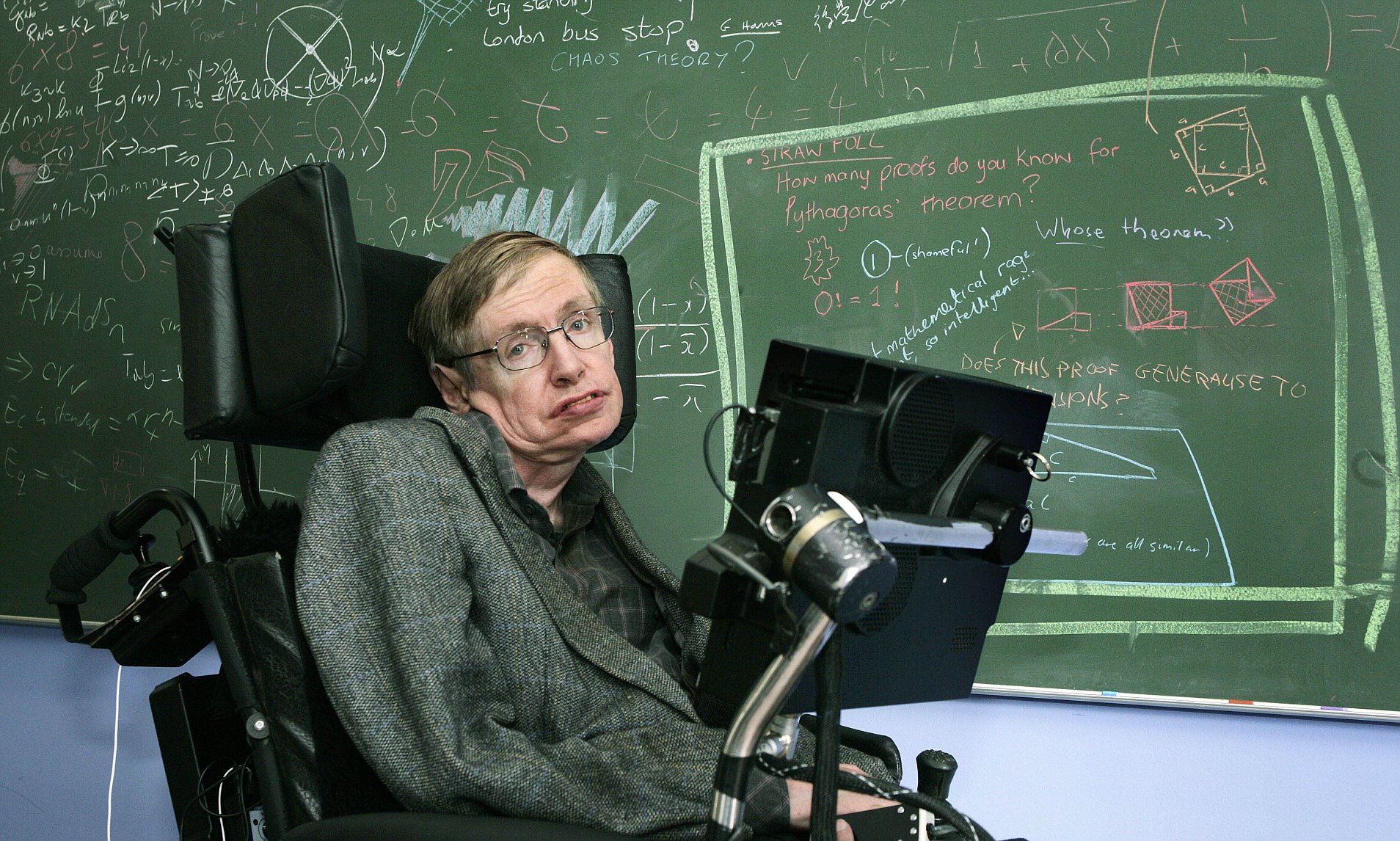 Stephen Hawking next to greenboard
