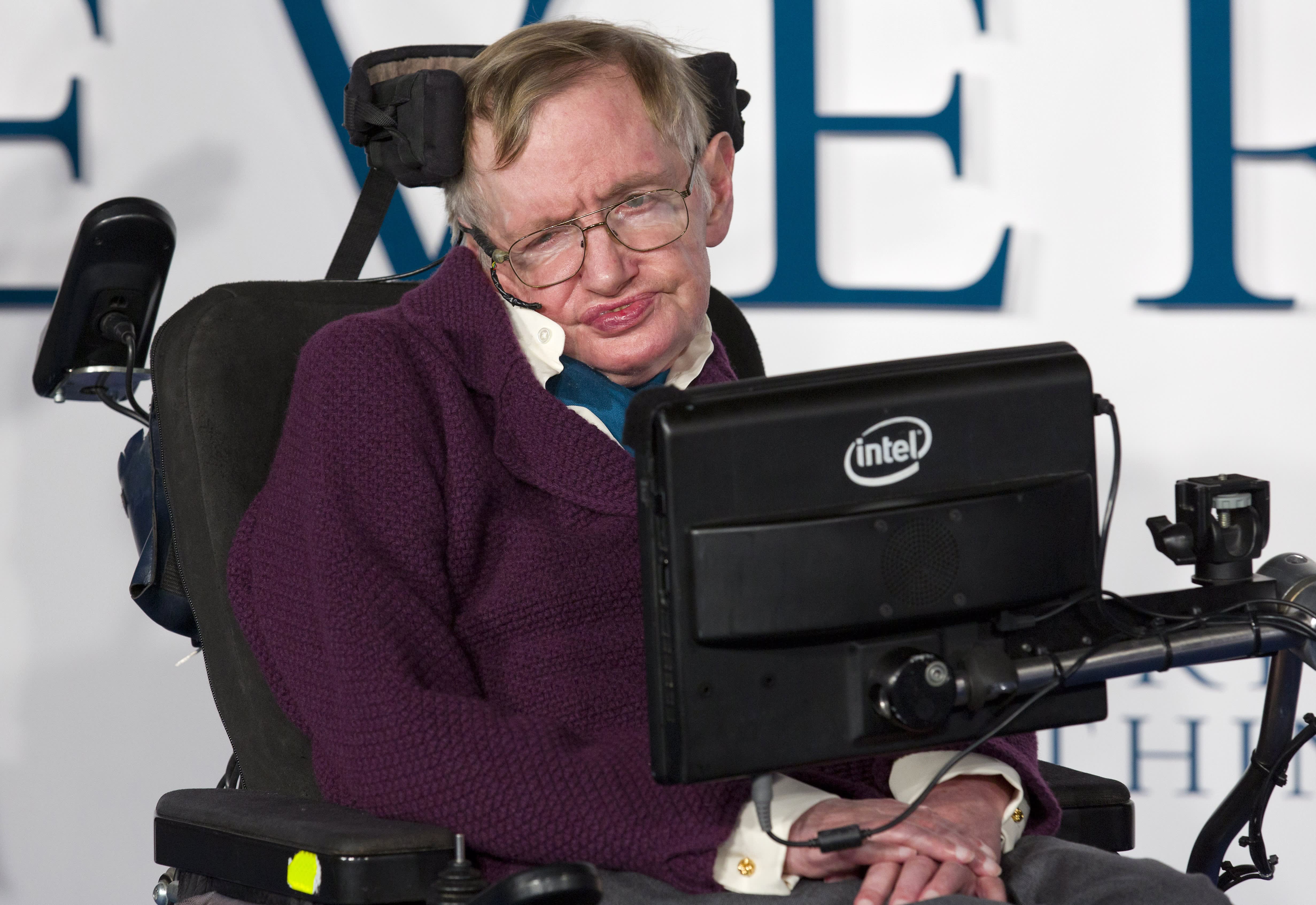 Stephen Hawking wearing purple suit